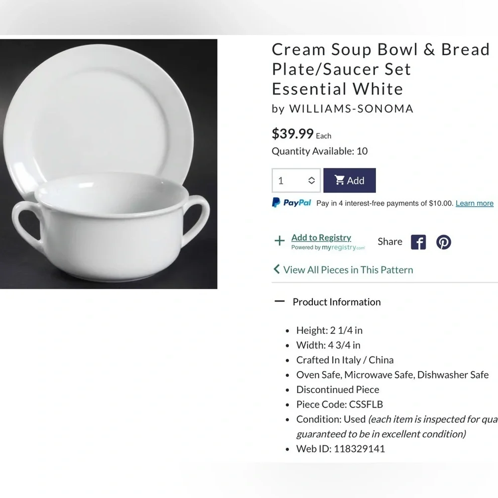 Williams Sonoma Essential white cream soup bowl with saucer